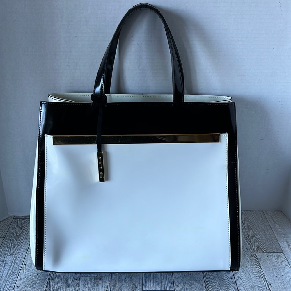 Innue Patent Leather Italian Black & White Tote shoulder bag 12”x 14”x 5” *READ*